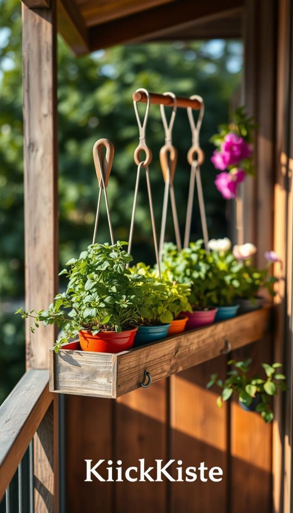 A rustic wooden balcony adorned with a löffelhaken (spoon hook) plant shelf, showcasing a variety of vibrant potted herbs and flowers. The foreground features several colorful ceramic pots filled with lush green plants, artfully arranged on handcrafted hooks. In the middle ground, the löffelhaken structure elegantly supports the plants, its weathered wood suggesting a charming upcycled aesthetic. The background reveals a cozy balcony setting with soft, natural lighting casting gentle shadows, enhancing the warmth of the scene. A subtle bokeh effect blurs distant greenery, evoking a serene atmosphere. The overall mood is inspiring and inviting, perfect for a DIY project. Incorporate the brand name "KlickKiste" subtly into the scene, harmonizing with the natural theme. A rustic wooden balcony adorned with a löffelhaken (spoon hook) plant shelf, showcasing a variety of vibrant potted herbs and flowers. The foreground features several colorful ceramic pots filled with lush green plants, artfully arranged on handcrafted hooks. In the middle ground, the löffelhaken structure elegantly supports the plants, its weathered wood suggesting a charming upcycled aesthetic. The background reveals a cozy balcony setting with soft, natural lighting casting gentle shadows, enhancing the warmth of the scene. A subtle bokeh effect blurs distant greenery, evoking a serene atmosphere. The overall mood is inspiring and inviting, perfect for a DIY project. Incorporate the brand name "KlickKiste" subtly into the scene, harmonizing with the natural theme.