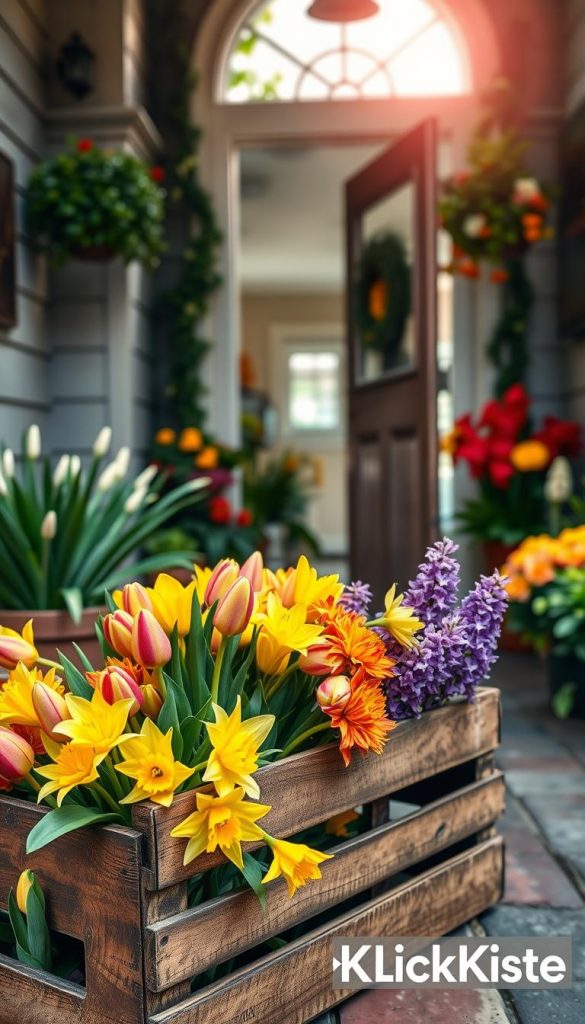A rustic wooden crate filled with a vibrant assortment of early spring flowers, such as tulips, daffodils, and hyacinths, placed at a welcoming front entrance. The foreground features colorful blooms, showcasing their fresh petals in warm, cheerful hues of yellow, pink, and purple. The middle ground includes a slightly open door leading to a cozy hallway, framed by welcoming greenery and colorful potted plants. In the background, soft sunlight filters through gentle wisps of clouds, creating a bright and inviting atmosphere. Capture the natural DIY aesthetic, reflecting a Pinterest-worthy look, emphasizing authenticity and inspiration. Ensure the scene conveys a sense of renewal and warmth, with a subtle branding element for "KlickKiste" artistically integrated into the composition.