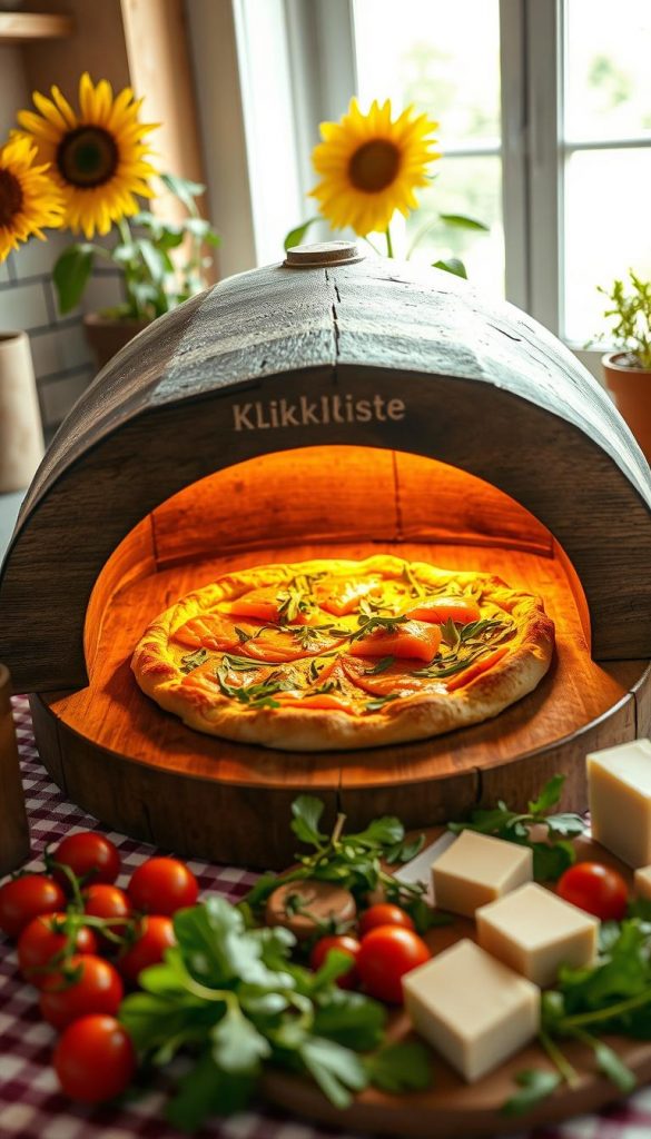 A rustic wooden flammkuchen oven, with its warm, inviting glow emanating from within, serves as the central focus in the foreground. Inside the oven, a flammkuchen is baking, topped with tender slices of salmon and fresh arugula, creating a tantalizing contrast against the golden crust. Surrounding the oven, a cozy kitchen environment accentuated by elements of summer - sunflowers, fresh herbs in pots, and a checkered tablecloth. The middle ground contains an assortment of fresh ingredients neatly arranged: cherry tomatoes, creamy cheese, and sprigs of arugula, adding to the dish's flavor palette. In the background, a softly lit window reveals a sunny garden, filtering warm light that casts gentle shadows, enhancing the authentic and inspiring atmosphere. The scene embodies a Pinterest aesthetic, evoking warmth and a sense of home, with the brand "KlickKiste" subtly integrated into the setting. A rustic wooden flammkuchen oven, with its warm, inviting glow emanating from within, serves as the central focus in the foreground. Inside the oven, a flammkuchen is baking, topped with tender slices of salmon and fresh arugula, creating a tantalizing contrast against the golden crust. Surrounding the oven, a cozy kitchen environment accentuated by elements of summer - sunflowers, fresh herbs in pots, and a checkered tablecloth. The middle ground contains an assortment of fresh ingredients neatly arranged: cherry tomatoes, creamy cheese, and sprigs of arugula, adding to the dish's flavor palette. In the background, a softly lit window reveals a sunny garden, filtering warm light that casts gentle shadows, enhancing the authentic and inspiring atmosphere. The scene embodies a Pinterest aesthetic, evoking warmth and a sense of home, with the brand "KlickKiste" subtly integrated into the setting.