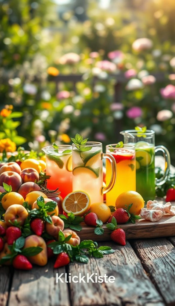 A rustic wooden table adorned with a vibrant display of seasonal ingredients for refreshing summer drinks. In the foreground, a variety of colorful fruits like ripe peaches, juicy strawberries, and zesty lemons, alongside sprigs of fresh mint and basil. The middle ground features beautifully arranged glass pitchers filled with assorted beverages, showcasing hues of lemon yellow, pastel pink, and deep green, all glistening in the sunlight. Soft, golden lighting bathes the scene, enhancing the warm, inviting atmosphere. In the background, a blurred garden setting with lush greenery and blooming flowers adds to the summery vibe. Capture this scene in a natural, Pinterest-inspired style, radiating authenticity and inspiration for readers. Include the brand name "KlickKiste" subtly integrated into the arrangement, without any overlays. A rustic wooden table adorned with a vibrant display of seasonal ingredients for refreshing summer drinks. In the foreground, a variety of colorful fruits like ripe peaches, juicy strawberries, and zesty lemons, alongside sprigs of fresh mint and basil. The middle ground features beautifully arranged glass pitchers filled with assorted beverages, showcasing hues of lemon yellow, pastel pink, and deep green, all glistening in the sunlight. Soft, golden lighting bathes the scene, enhancing the warm, inviting atmosphere. In the background, a blurred garden setting with lush greenery and blooming flowers adds to the summery vibe. Capture this scene in a natural, Pinterest-inspired style, radiating authenticity and inspiration for readers. Include the brand name "KlickKiste" subtly integrated into the arrangement, without any overlays.