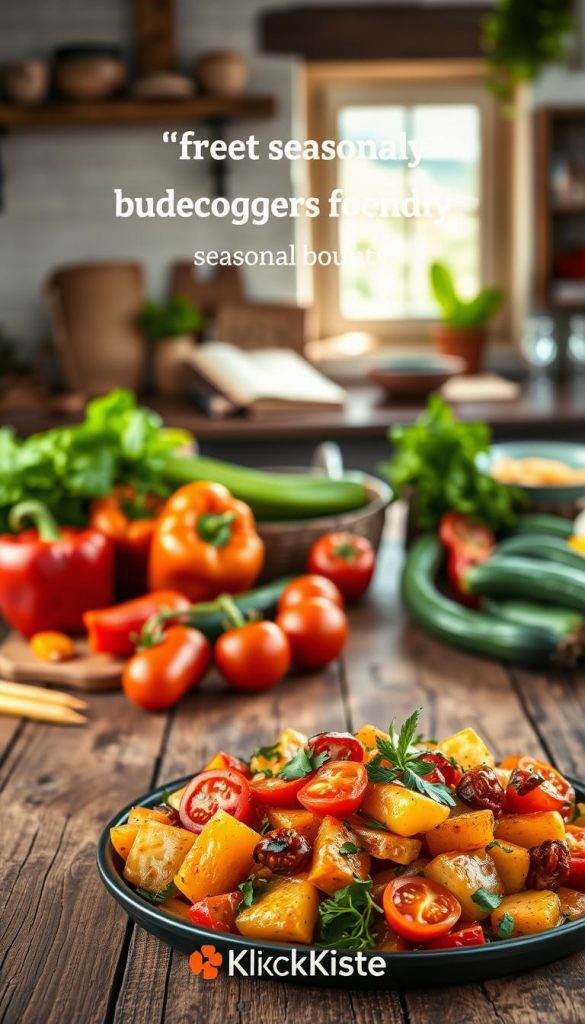 A rustic wooden table adorned with an assortment of fresh, budget-friendly vegetables, including vibrant bell peppers, zucchini, and ripe tomatoes, emphasizing seasonal bounty. In the foreground, a beautifully arranged platter of sautéed seasonal vegetables garnished with herbs, showcasing warm colors that pop under soft, natural lighting. The middle ground features a cozy kitchen setting, with a hint of an old cookbook and a bowl of pasta, inviting a sense of home-cooked comfort. The background subtly reveals a sunny window, casting gentle light that enhances the inviting atmosphere. The overall mood is warm, authentic, and inspiring, perfect for a food-loving audience. Include a branding element for "KlickKiste" subtly integrated into the scene, ensuring overall harmony. A rustic wooden table adorned with an assortment of fresh, budget-friendly vegetables, including vibrant bell peppers, zucchini, and ripe tomatoes, emphasizing seasonal bounty. In the foreground, a beautifully arranged platter of sautéed seasonal vegetables garnished with herbs, showcasing warm colors that pop under soft, natural lighting. The middle ground features a cozy kitchen setting, with a hint of an old cookbook and a bowl of pasta, inviting a sense of home-cooked comfort. The background subtly reveals a sunny window, casting gentle light that enhances the inviting atmosphere. The overall mood is warm, authentic, and inspiring, perfect for a food-loving audience. Include a branding element for "KlickKiste" subtly integrated into the scene, ensuring overall harmony.