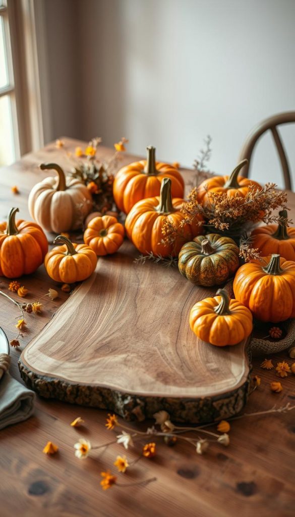 A rustic wooden table adorned with an autumnal table setting featuring a beautifully crafted wooden board. Arrange vibrant decorative pumpkins in various shapes and sizes, their warm oranges and earthy greens contrasting with the natural wood. Scattered around are delicate dried flowers in muted tones of yellow, brown, and cream, elegantly placed to add texture and charm. Soft, warm lighting casts a cozy glow over the scene, enhancing the inviting atmosphere. Capture this composition from a slightly elevated angle, allowing a glimpse of the table's wooden grain to shine through. The overall mood is warm, inviting, and perfect for fall gatherings, evoking a sense of nature-inspired DIY decor. This image embodies the essence of KlickKiste’s autumnal decor inspiration.