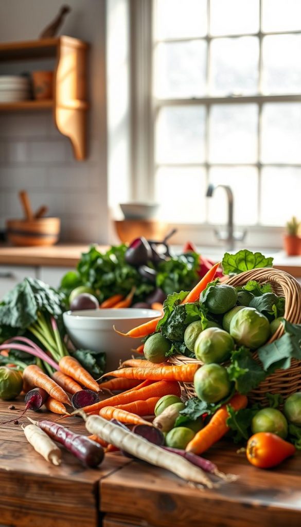 A rustic wooden table in a sunlit kitchen, adorned with an array of vibrant winter vegetables. In the foreground, a rich selection of colorful root vegetables like deep purple beets, bright orange carrots, and creamy parsnips spill from a wicker basket, their textures and tones invitingly lush. The middle ground features a softly glowing ceramic bowl filled with kale and Brussels sprouts, radiating freshness. The background subtly showcases a misty window framed by frost, with soft natural light streaming in, casting warm tones across the scene. The atmosphere is cozy and inspiring, evoking a sense of warmth and culinary creativity. The image should be styled with a Pinterest aesthetic, ideal for attracting attention to seasonal cooking. Incorporate the brand name "KlickKiste" in a subtle, artistic manner within the composition. A rustic wooden table in a sunlit kitchen, adorned with an array of vibrant winter vegetables. In the foreground, a rich selection of colorful root vegetables like deep purple beets, bright orange carrots, and creamy parsnips spill from a wicker basket, their textures and tones invitingly lush. The middle ground features a softly glowing ceramic bowl filled with kale and Brussels sprouts, radiating freshness. The background subtly showcases a misty window framed by frost, with soft natural light streaming in, casting warm tones across the scene. The atmosphere is cozy and inspiring, evoking a sense of warmth and culinary creativity. The image should be styled with a Pinterest aesthetic, ideal for attracting attention to seasonal cooking. Incorporate the brand name "KlickKiste" in a subtle, artistic manner within the composition.