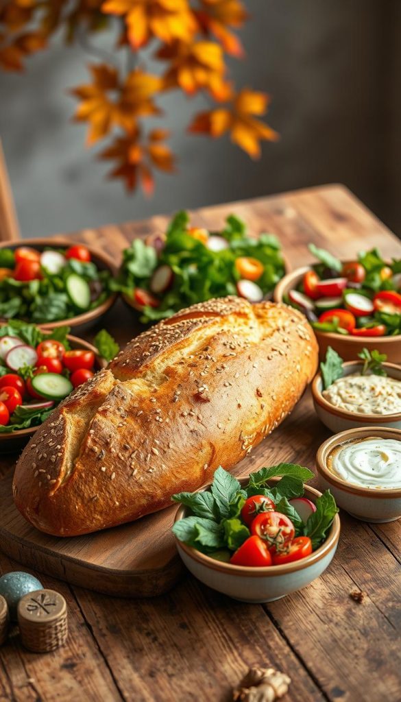 A rustic wooden table is adorned with a freshly baked loaf of artisanal bread, its crust golden brown and speckled with sesame seeds. Surrounding the bread are vibrant green salads, bursting with colors from cherry tomatoes, cucumbers, and radishes, drizzled with a light vinaigrette. Small bowls of rich dips, such as hummus and tzatziki, are artfully arranged alongside. Soft, warm lighting casts a cozy glow over the scene, enhancing the wholesome feel of autumn. The background features blurred fall foliage with hints of oranges and yellows, reminiscent of the season. The overall atmosphere is inviting and warm, embodying a Pinterest-worthy aesthetic that feels both authentic and inspiring for family gatherings. Photographed from a slightly elevated angle to capture the arrangement beautifully. Image by KlickKiste. A rustic wooden table is adorned with a freshly baked loaf of artisanal bread, its crust golden brown and speckled with sesame seeds. Surrounding the bread are vibrant green salads, bursting with colors from cherry tomatoes, cucumbers, and radishes, drizzled with a light vinaigrette. Small bowls of rich dips, such as hummus and tzatziki, are artfully arranged alongside. Soft, warm lighting casts a cozy glow over the scene, enhancing the wholesome feel of autumn. The background features blurred fall foliage with hints of oranges and yellows, reminiscent of the season. The overall atmosphere is inviting and warm, embodying a Pinterest-worthy aesthetic that feels both authentic and inspiring for family gatherings. Photographed from a slightly elevated angle to capture the arrangement beautifully. Image by KlickKiste.
