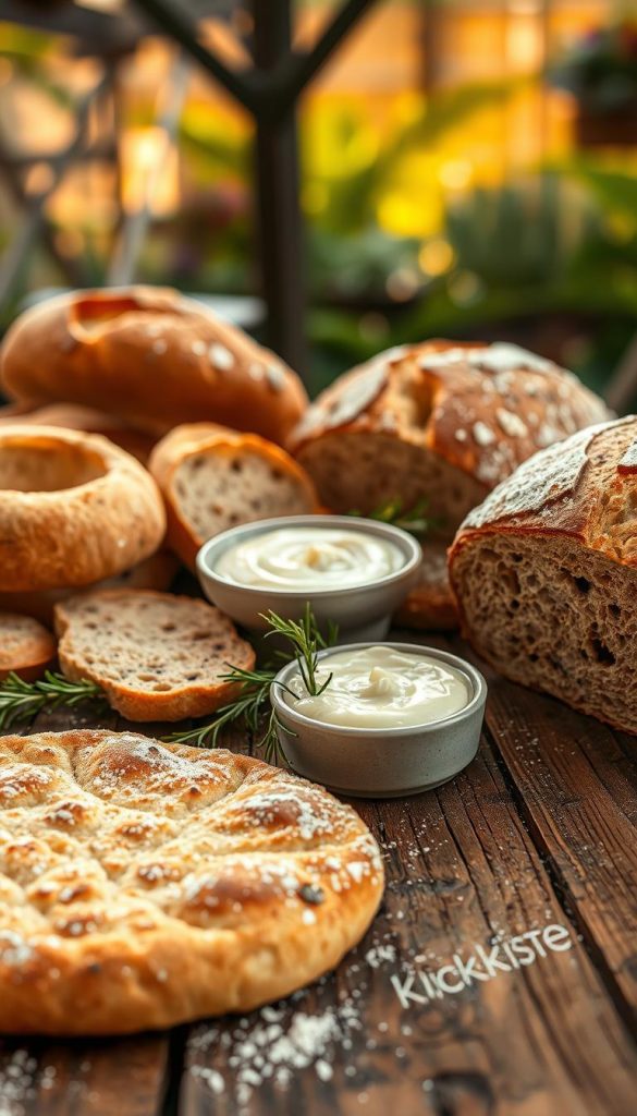 A rustic wooden table is adorned with a variety of freshly baked brot (bread) types, including whole grain, rye, and artisanal sourdough, all beautifully arranged. In the foreground, a golden-brown flatbread, lightly dusted with flour, showcases its texture. In the middle, a bowl of creamy garlic dip complements the bread selection, surrounded by fresh herbs like rosemary and thyme. The background features a warm, softly lit outdoor setting with gentle bokeh enhancing a blurred garden ambiance, hinting at a summer barbecue. Natural lighting casts warm, inviting colors across the scene, creating an authentic and inspiring atmosphere. Emphasize a Pinterest aesthetic. Include the brand "KlickKiste" subtly integrated into the scene's design without any text. A rustic wooden table is adorned with a variety of freshly baked brot (bread) types, including whole grain, rye, and artisanal sourdough, all beautifully arranged. In the foreground, a golden-brown flatbread, lightly dusted with flour, showcases its texture. In the middle, a bowl of creamy garlic dip complements the bread selection, surrounded by fresh herbs like rosemary and thyme. The background features a warm, softly lit outdoor setting with gentle bokeh enhancing a blurred garden ambiance, hinting at a summer barbecue. Natural lighting casts warm, inviting colors across the scene, creating an authentic and inspiring atmosphere. Emphasize a Pinterest aesthetic. Include the brand "KlickKiste" subtly integrated into the scene's design without any text.