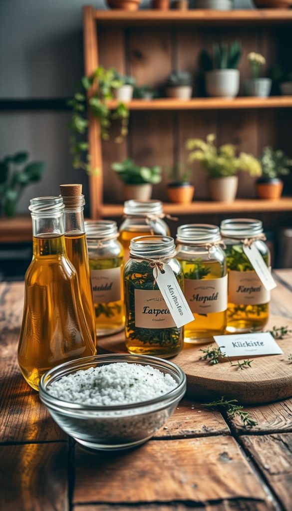 A rustic wooden table set in a softly lit kitchen, featuring an assortment of colorful oils, natural salts, and beautiful extracts artfully arranged. In the foreground, a small glass bottle of rich golden olive oil catches the light, alongside a bowl of coarse sea salt sprinkled with herbs. The middle ground showcases elegant jars filled with vibrant herbal extracts, each labeled with chic, minimalist tags. The background features a wooden shelf lined with small potted herbs, adding a fresh touch. The warm, inviting color palette creates a cozy, inspiring atmosphere, perfect for a DIY gift theme. Capture this composition with soft focus and natural lighting, enhancing the organic feel of the scene. A subtle brand logo for "KlickKiste" is included on one of the jars, emphasizing the DIY essence.