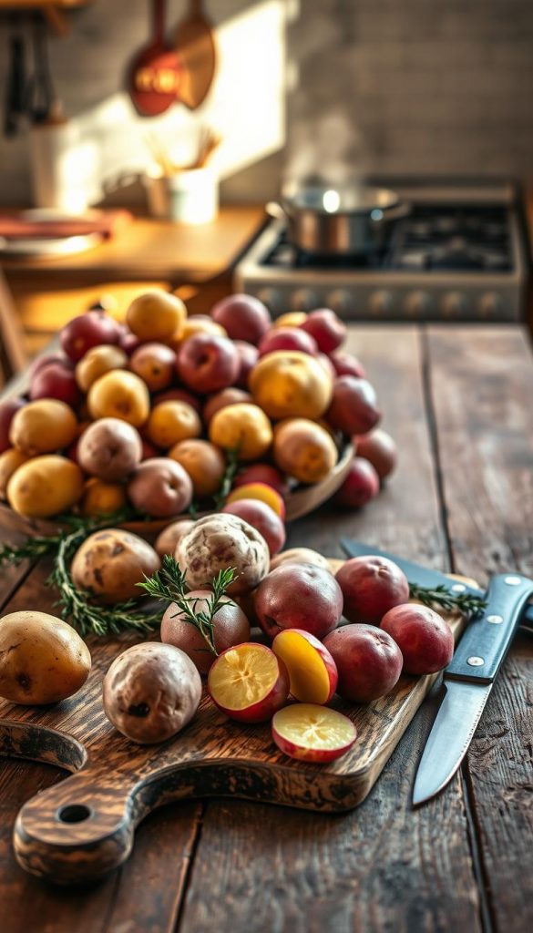 A rustic wooden table set with a lovely assortment of freshly harvested potatoes, showcasing various shapes and colors: yellow, red, and purple. In the foreground, a vintage cutting board holds a few unpeeled potatoes beside a sharp knife, with fresh herbs like rosemary and thyme intertwined amongst them. The middle ground includes a softly lit kitchen scene with a faintly visible pot and a steaming stove in the background, suggesting warm, comforting meal preparation. The lighting is natural and warm, casting inviting shadows that enhance the earthy tones of the potatoes. The atmosphere conveys a cozy, homey feel, reminiscent of family dinners and quick weeknight meals, embodying an authentic culinary vibe. The image should reflect the brand “KlickKiste” subtly, perhaps through the styling of the table setting, creating an inspiring Pinterest-like aesthetic. A rustic wooden table set with a lovely assortment of freshly harvested potatoes, showcasing various shapes and colors: yellow, red, and purple. In the foreground, a vintage cutting board holds a few unpeeled potatoes beside a sharp knife, with fresh herbs like rosemary and thyme intertwined amongst them. The middle ground includes a softly lit kitchen scene with a faintly visible pot and a steaming stove in the background, suggesting warm, comforting meal preparation. The lighting is natural and warm, casting inviting shadows that enhance the earthy tones of the potatoes. The atmosphere conveys a cozy, homey feel, reminiscent of family dinners and quick weeknight meals, embodying an authentic culinary vibe. The image should reflect the brand “KlickKiste” subtly, perhaps through the styling of the table setting, creating an inspiring Pinterest-like aesthetic.