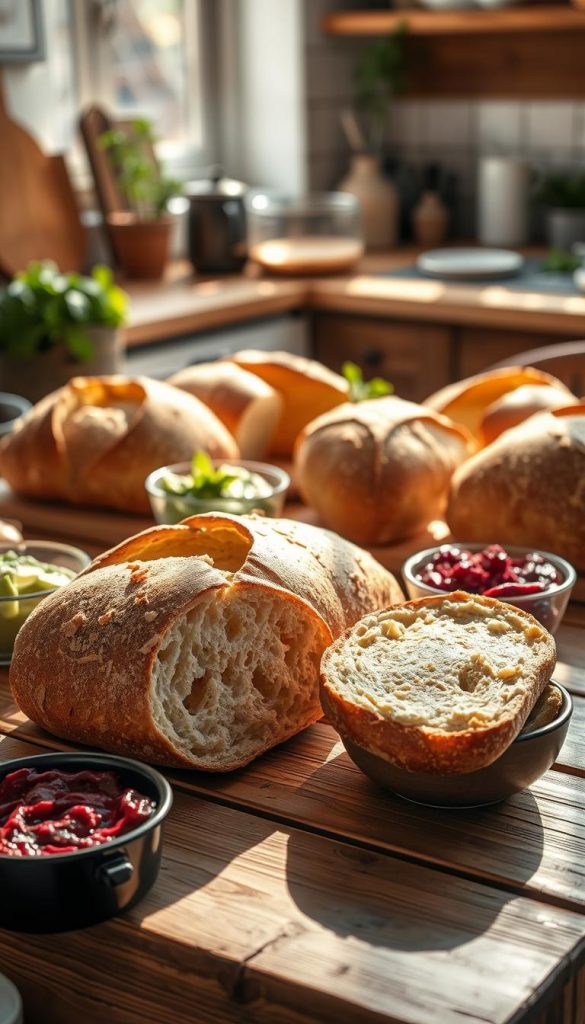 A rustic wooden table set with an array of fresh, crusty brot and Brötchen, artfully arranged. In the foreground, a sliced loaf with a golden-brown crust, revealing a soft, airy interior, surrounded by small bowls of vibrant Aufstriche—colorful spreads like beet hummus, creamy avocado, and tangy cheese. Sunlight filters through a nearby window, casting a warm, inviting glow on the scene, enhancing the natural colors and textures of the food. In the background, a softly blurred kitchen with kitchenware and fresh herbs, creating a homely atmosphere. This image embodies an authentic and inspiring Pinterest aesthetic, highlighting the joy of quick, delicious breakfast options for families. By KlickKiste. A rustic wooden table set with an array of fresh, crusty brot and Brötchen, artfully arranged. In the foreground, a sliced loaf with a golden-brown crust, revealing a soft, airy interior, surrounded by small bowls of vibrant Aufstriche—colorful spreads like beet hummus, creamy avocado, and tangy cheese. Sunlight filters through a nearby window, casting a warm, inviting glow on the scene, enhancing the natural colors and textures of the food. In the background, a softly blurred kitchen with kitchenware and fresh herbs, creating a homely atmosphere. This image embodies an authentic and inspiring Pinterest aesthetic, highlighting the joy of quick, delicious breakfast options for families. By KlickKiste.