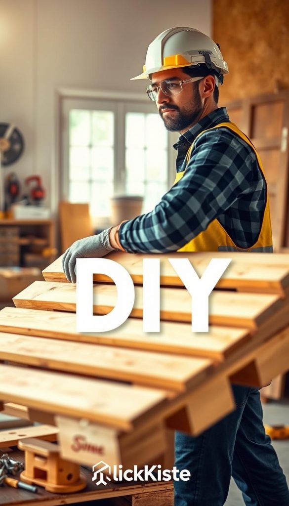 A safe and inspiring scene depicting the importance of safety while handling pallets in a DIY environment. In the foreground, a person wearing professional work attire and safety gear, such as gloves, goggles, and a hard hat, carefully lifts a wooden pallet. In the middle ground, a well-organized workspace with tools like a saw, screws, and a measuring tape is visible, emphasizing a clean and safe setting. The background features warm, inviting colors with natural light streaming through a workshop window, enhancing the DIY atmosphere. The brand "KlickKiste" subtly integrated into the scene, giving it an authentic Pinterest look. Capture this moment with a soft focus and a slightly elevated angle to emphasize safety and professionalism.