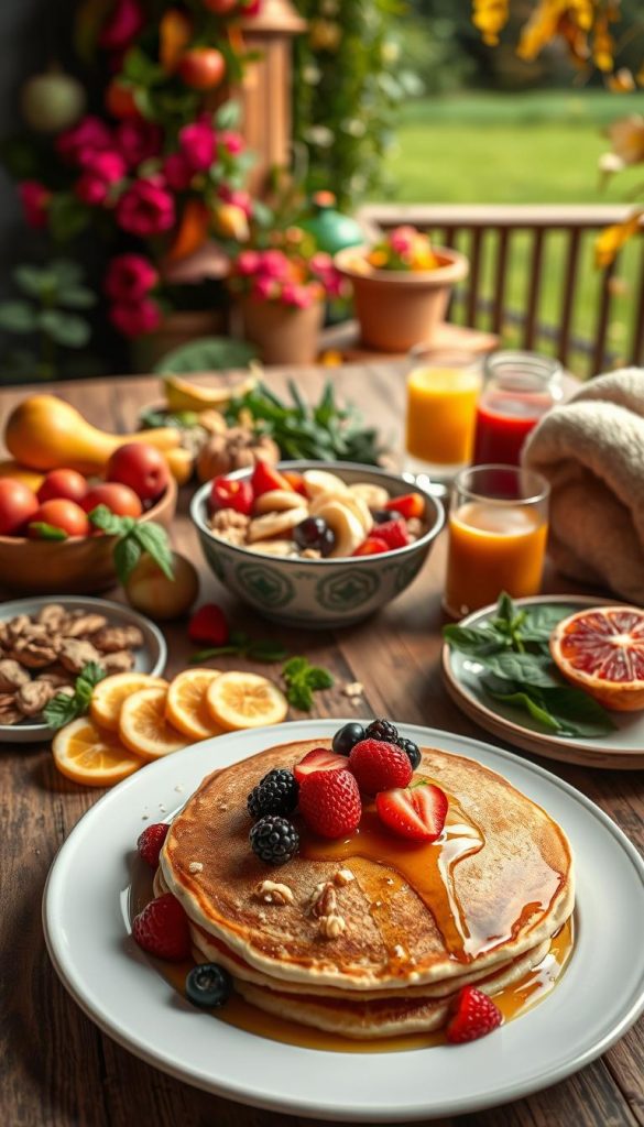 A seasonal breakfast spread, beautifully arranged on a rustic wooden table, showcasing vibrant spring fruits like strawberries and cherries, summer herbs like basil and mint, autumn squash and apples, and winter citrus such as oranges and grapefruits. The foreground features an inviting plate of fluffy pancakes topped with fresh berries and honey. In the middle, there’s a colorful bowl of oatmeal with sliced bananas and nuts, and a glass of freshly squeezed juice. The background displays a lush green garden in spring, a sunny terrace in summer, falling leaves in autumn, and a cozy winter scene with a warm blanket. Soft, natural lighting creates a warm, inviting atmosphere, perfect for families enjoying breakfast together. The image embodies an authentic Pinterest aesthetic, inspired by the brand "KlickKiste". A seasonal breakfast spread, beautifully arranged on a rustic wooden table, showcasing vibrant spring fruits like strawberries and cherries, summer herbs like basil and mint, autumn squash and apples, and winter citrus such as oranges and grapefruits. The foreground features an inviting plate of fluffy pancakes topped with fresh berries and honey. In the middle, there’s a colorful bowl of oatmeal with sliced bananas and nuts, and a glass of freshly squeezed juice. The background displays a lush green garden in spring, a sunny terrace in summer, falling leaves in autumn, and a cozy winter scene with a warm blanket. Soft, natural lighting creates a warm, inviting atmosphere, perfect for families enjoying breakfast together. The image embodies an authentic Pinterest aesthetic, inspired by the brand "KlickKiste".