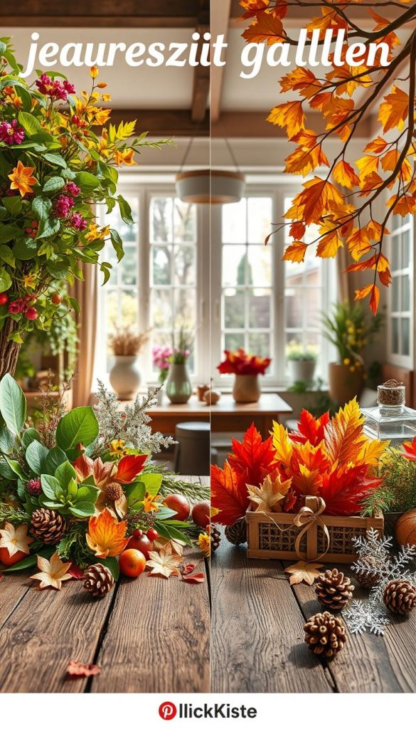 A seasonal collage representing "jahreszeit sammeln," showcasing the four seasons: spring, summer, autumn, and winter. In the foreground, a rustic wooden table overflowing with natural materials: vibrant green leaves and flowers for spring, sun-dried herbs and colorful fruits for summer, rich red and gold leaves for autumn, and sparkling snowflakes and pinecones for winter. The middle ground features a cozy, sunlit room adorned with tasteful DIY decorations crafted from these materials. In the background, large windows reveal a serene garden transitioning through the seasons, with warm, inviting light casting gentle shadows across the scene. The overall mood is inspiring and authentic, perfect for a Pinterest aesthetic, branded under "KlickKiste." The composition should be inviting, emphasizing the beauty of nature’s gifts throughout the year, captured with a soft focus lens for a warm, nostalgic feel.