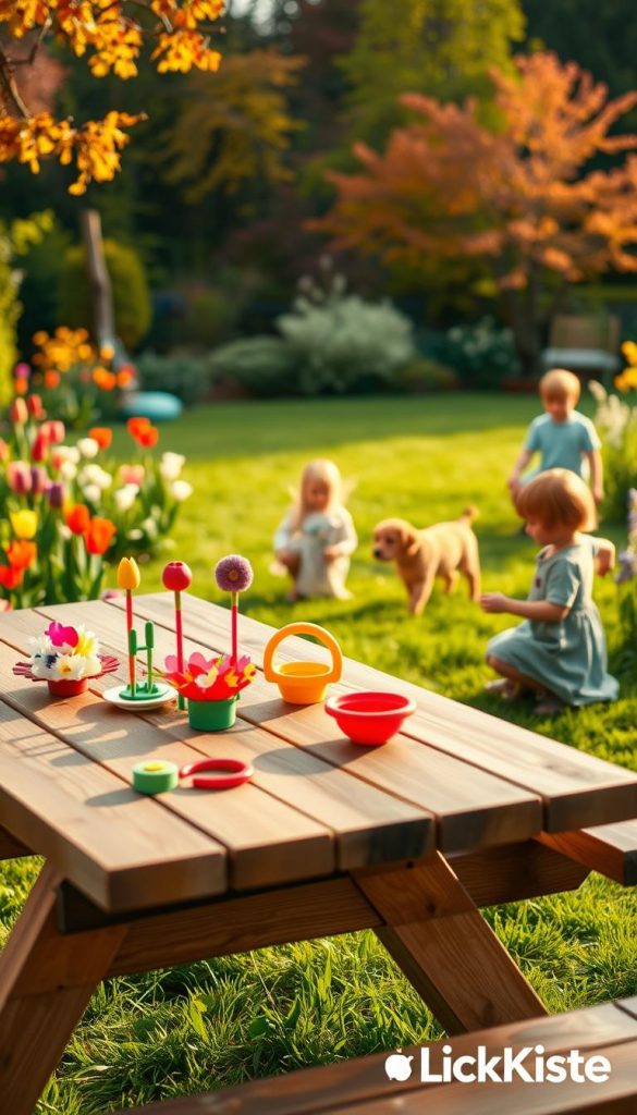 A seasonal garden showcasing vibrant DIY outdoor games for each season: in the foreground, a wooden picnic table adorned with colorful, handcrafted games like a spring flower toss and summer ring toss, all in warm, inviting colors. In the middle ground, lush green grass with children, dressed in modest casual clothing, eagerly playing with a playful puppy, surrounded by seasonal flowers like tulips, daisies, and sunflowers. In the background, soft-focus trees with autumn leaves and a hint of winter scenery, creating a harmonious four-season effect. The lighting is warm and golden, casting a gentle glow, while the angle captures the blissful essence of outdoor play. This image embodies the essence of natural DIY creativity and inspiration, aligned with the brand KlickKiste. A seasonal garden showcasing vibrant DIY outdoor games for each season: in the foreground, a wooden picnic table adorned with colorful, handcrafted games like a spring flower toss and summer ring toss, all in warm, inviting colors. In the middle ground, lush green grass with children, dressed in modest casual clothing, eagerly playing with a playful puppy, surrounded by seasonal flowers like tulips, daisies, and sunflowers. In the background, soft-focus trees with autumn leaves and a hint of winter scenery, creating a harmonious four-season effect. The lighting is warm and golden, casting a gentle glow, while the angle captures the blissful essence of outdoor play. This image embodies the essence of natural DIY creativity and inspiration, aligned with the brand KlickKiste.