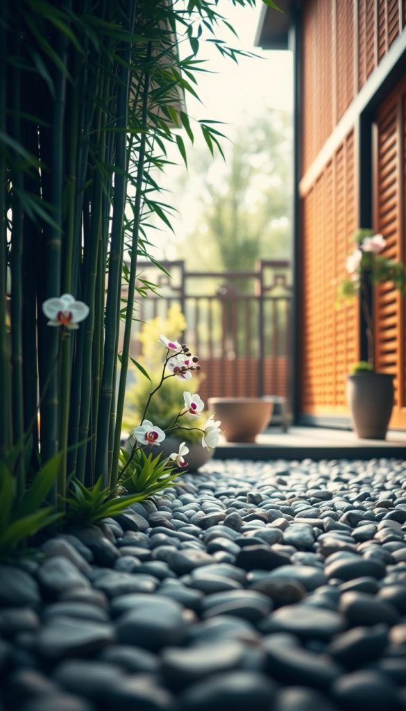 A serene, Asian-inspired minimalist terrace focusing on tranquility. In the foreground, smooth pebbles form a calming path, surrounded by lush green bamboo shoots that sway gently. Midground features a few statement plants, such as elegant orchids and a sculptural bonsai tree, adding a pop of color and sophistication. The background showcases a soft-focus view of traditional wooden slatted fencing and a peaceful outdoor setting with gentle sunlight filtering through leaves, creating dappled light patterns. The overall atmosphere is warm and inviting, evoking a sense of relaxation perfect for summer evenings. Capture this scene with a slightly angled perspective from a low vantage point to enhance depth, in warm, natural tones. This image embodies the essence of "KlickKiste" aesthetics, promoting authentic and inspiring DIY ideas for outdoor spaces.