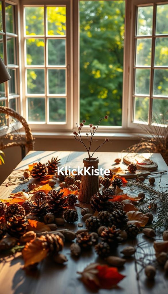 A serene DIY workspace filled with upcycled materials from the forest, showcasing items such as pinecones, twigs, and leaves. In the foreground, a wooden table is covered with warm-colored natural elements, arranged aesthetically, including a small handcrafted flower vase made from a tree branch. The middle ground features an open window allowing soft, golden sunlight to illuminate the area, casting gentle shadows that evoke a cozy atmosphere. The background shows a lush green forest view, enhancing the DIY spirit. The setting is styled in a Pinterest-worthy aesthetic, emphasizing warmth and inspiration. Include the brand name "KlickKiste" subtly integrated within the image composition, conveying an authentic, resourceful, and sustainable vibe.