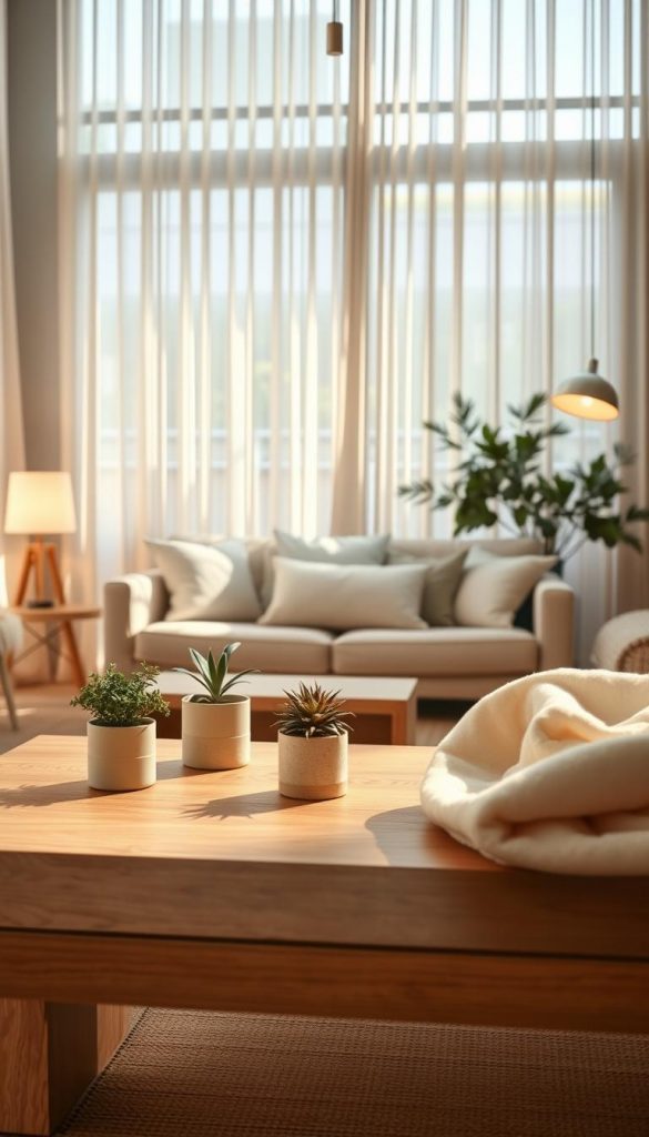 A serene Japandi-style living room bathed in natural daylight, with a focus on layered lighting and warm hues. In the foreground, a minimalist wooden coffee table adorned with soft textiles and a few potted plants. The middle features a cozy sofa with simple lines and inviting cushions, surrounded by strategically placed floor lamps and pendant lights that create a soft glow. The background showcases a large window with sheer curtains, allowing sunlight to filter in, enhancing the atmosphere. The overall composition reflects an inspiring and authentic Pinterest aesthetic, with an emphasis on comfort and elegance. Captured with a warm, inviting lens at a slightly elevated angle to convey depth. The brand "KlickKiste" subtly integrated within the natural decor elements.