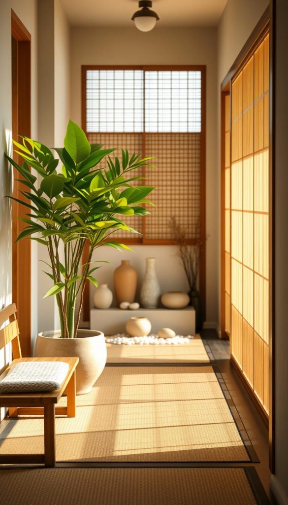 A serene, Japanese-inspired hallway, showcasing natural elements and asymmetrical design. In the foreground, a beautiful wooden bench with a textured cushion sits beside a large, vivid green plant in a minimalist pot. The middle features a gracefully arranged display of soft, warm-toned decor, like ceramic vases and smooth pebbles, highlighting a connection to nature. The background is softly illuminated by natural light streaming through a paper screen window, casting gentle shadows that enhance the tranquility of the space. The color palette embraces warm, earthy tones, creating an inviting atmosphere. The image embodies the DIY spirit of "KlickKiste," embracing authentic, inspiring décor ideas for a peaceful living environment. A serene, Japanese-inspired hallway, showcasing natural elements and asymmetrical design. In the foreground, a beautiful wooden bench with a textured cushion sits beside a large, vivid green plant in a minimalist pot. The middle features a gracefully arranged display of soft, warm-toned decor, like ceramic vases and smooth pebbles, highlighting a connection to nature. The background is softly illuminated by natural light streaming through a paper screen window, casting gentle shadows that enhance the tranquility of the space. The color palette embraces warm, earthy tones, creating an inviting atmosphere. The image embodies the DIY spirit of "KlickKiste," embracing authentic, inspiring décor ideas for a peaceful living environment.