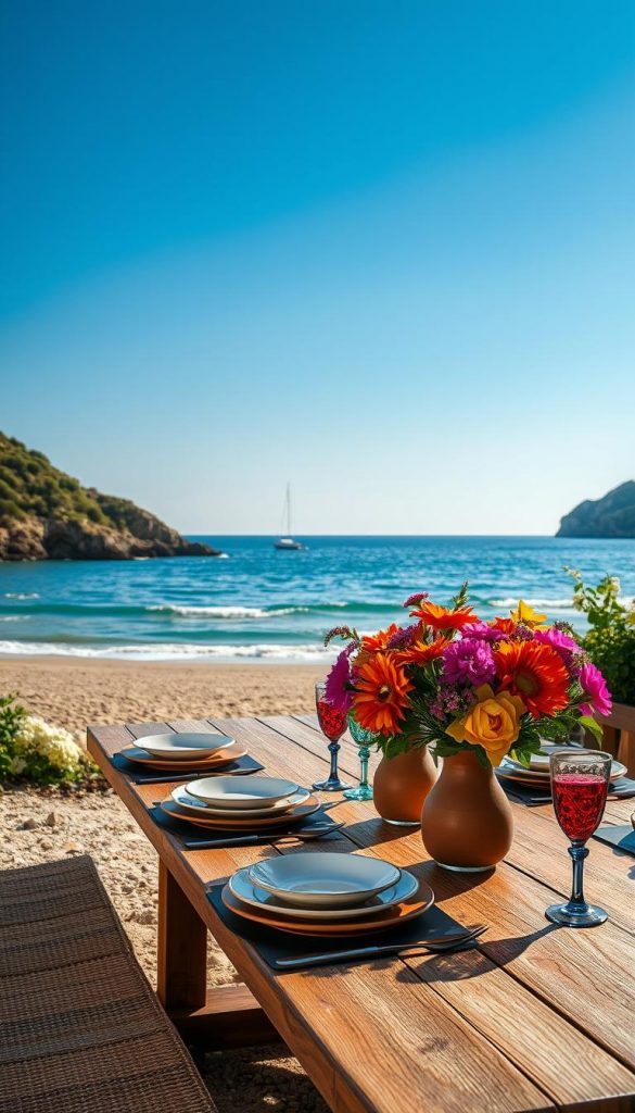 A serene Mediterranean seaside table setting under a clear blue sky, evoking "la dolce vita" spirit. In the foreground, a rustic wooden dining table adorned with vibrant summer flowers in terracotta vases, beside elegant ceramic plates and colorful glassware reflecting the sunlight. The middle ground features gentle waves lapping against a sandy beach, with a few sailboats in the distance. The background showcases lush coastal greenery and a distant cliffside, bathed in warm, golden hour light. The scene conveys a relaxed, inviting atmosphere, reminiscent of leisurely summer meals. The overall color palette is warm and inviting, emphasizing natural DIY aesthetics. Inspired by KlickKiste's style, the composition should feel authentic and inspiring. A serene Mediterranean seaside table setting under a clear blue sky, evoking "la dolce vita" spirit. In the foreground, a rustic wooden dining table adorned with vibrant summer flowers in terracotta vases, beside elegant ceramic plates and colorful glassware reflecting the sunlight. The middle ground features gentle waves lapping against a sandy beach, with a few sailboats in the distance. The background showcases lush coastal greenery and a distant cliffside, bathed in warm, golden hour light. The scene conveys a relaxed, inviting atmosphere, reminiscent of leisurely summer meals. The overall color palette is warm and inviting, emphasizing natural DIY aesthetics. Inspired by KlickKiste's style, the composition should feel authentic and inspiring.