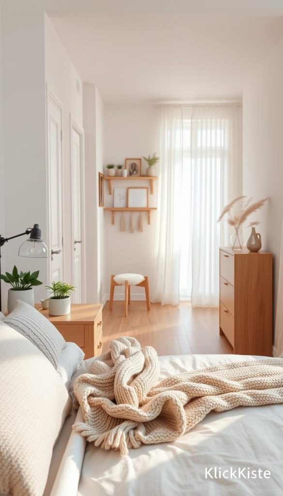 A serene Scandinavian bedroom and hallway scene, showcasing a peaceful atmosphere with fresh, functional decor. In the foreground, a soft, neutral-toned bed adorned with textured pillows and a cozy knit throw, complemented by a handcrafted nightstand holding a small potted plant. The middle features a stylish, minimalistic hallway with a decorative wall shelf displaying natural elements and simple art pieces. The background reveals sunlight filtering through sheer curtains, casting warm, inviting rays across light wood flooring. Use a wide-angle perspective that captures the spaciousness and elegance of the design. Aim for a soft, dreamy ambiance, evoking relaxation and inspiration, styled with a Pinterest aesthetic, and clearly branded with “KlickKiste” elements throughout.