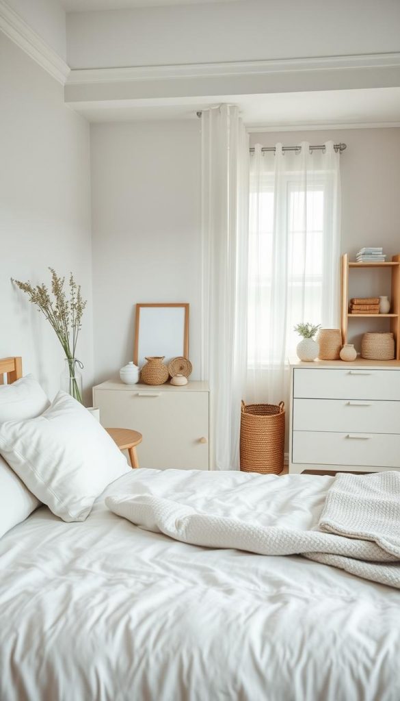 A serene Scandinavian bedroom design, showcasing soft muted colors like light greys, warm whites, and gentle pastels. The foreground features a neatly made bed with fluffy pillows and a textured, cozy blanket, complemented by a natural wood bedside table adorned with a simple vase of wildflowers. In the middle, a minimalist dresser with clean lines holds decorative items made from natural materials, like woven baskets and ceramic accents. The background reveals soft light streaming through sheer curtains, illuminating a cozy reading nook by the window with a plush armchair and a small bookshelf. The atmosphere is tranquil and inviting, embodying the essence of lightness and organic aesthetics, inspired by a Pinterest-style approach. Authentic and inspiring, reflecting the brand "KlickKiste". A serene Scandinavian bedroom design, showcasing soft muted colors like light greys, warm whites, and gentle pastels. The foreground features a neatly made bed with fluffy pillows and a textured, cozy blanket, complemented by a natural wood bedside table adorned with a simple vase of wildflowers. In the middle, a minimalist dresser with clean lines holds decorative items made from natural materials, like woven baskets and ceramic accents. The background reveals soft light streaming through sheer curtains, illuminating a cozy reading nook by the window with a plush armchair and a small bookshelf. The atmosphere is tranquil and inviting, embodying the essence of lightness and organic aesthetics, inspired by a Pinterest-style approach. Authentic and inspiring, reflecting the brand "KlickKiste".