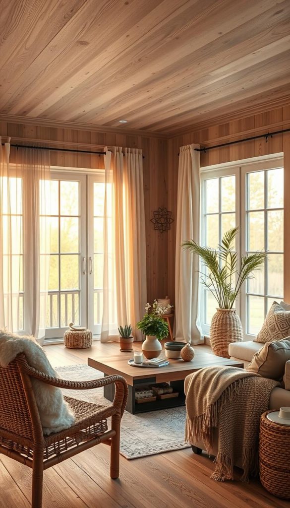 A serene Scandinavian-inspired interior featuring a captivating "holzoptik" (wood appearance) wall treatment. In the foreground, a cozy seating area with natural materials like a woven chair and a plush, neutral-toned throw. In the middle, a rustic wooden coffee table adorned with small potted plants and artisanal decorations. The background showcases large windows with soft, flowing curtains allowing warm, golden sunlight to bathe the space. The atmosphere is inviting and tranquil, evoking a sense of connection to nature infused with boho accents. Use a wide-angle lens to capture the spaciousness and an intimate depth of field for a soft focus on the background. The overall mood should be authentic, inspiring, and warm, embodying the aesthetic of "KlickKiste." A serene Scandinavian-inspired interior featuring a captivating "holzoptik" (wood appearance) wall treatment. In the foreground, a cozy seating area with natural materials like a woven chair and a plush, neutral-toned throw. In the middle, a rustic wooden coffee table adorned with small potted plants and artisanal decorations. The background showcases large windows with soft, flowing curtains allowing warm, golden sunlight to bathe the space. The atmosphere is inviting and tranquil, evoking a sense of connection to nature infused with boho accents. Use a wide-angle lens to capture the spaciousness and an intimate depth of field for a soft focus on the background. The overall mood should be authentic, inspiring, and warm, embodying the aesthetic of "KlickKiste."