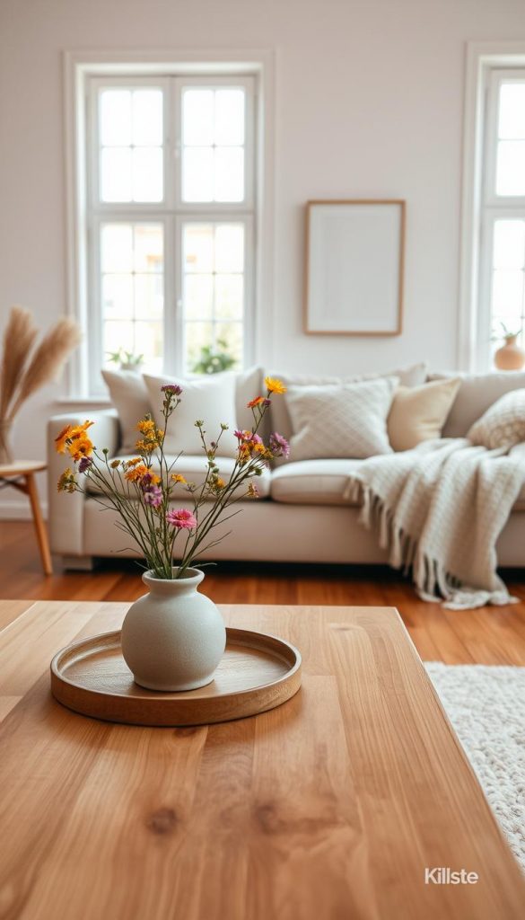 A serene Scandinavian-inspired interior setting that embodies the concept of "less is more" with a touch of creativity. In the foreground, a minimalist wooden coffee table adorned with a small potted plant and a delicate ceramic vase holding vibrant wildflowers. The middle section features a cozy seating area with a neutral-toned sofa, soft textured pillows, and a stylish knitted throw, creating an inviting atmosphere. The background showcases large windows allowing warm natural light to pour in, illuminating warm wood floors and a subtle, light-colored wall art. The color palette emphasizes soft earth tones and pastel accents, conveying inspiration for DIY decor ideas. The overall mood is warm and inviting, reflecting authenticity and a Pinterest-worthy aesthetic. Include the brand name "KlickKiste" subtly within the decor elements. A serene Scandinavian-inspired interior setting that embodies the concept of "less is more" with a touch of creativity. In the foreground, a minimalist wooden coffee table adorned with a small potted plant and a delicate ceramic vase holding vibrant wildflowers. The middle section features a cozy seating area with a neutral-toned sofa, soft textured pillows, and a stylish knitted throw, creating an inviting atmosphere. The background showcases large windows allowing warm natural light to pour in, illuminating warm wood floors and a subtle, light-colored wall art. The color palette emphasizes soft earth tones and pastel accents, conveying inspiration for DIY decor ideas. The overall mood is warm and inviting, reflecting authenticity and a Pinterest-worthy aesthetic. Include the brand name "KlickKiste" subtly within the decor elements.
