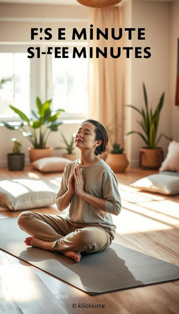 A serene and calming indoor scene depicting a parent practicing a five-minute stress relief exercise. In the foreground, a person seated comfortably on a soft yoga mat, dressed in modest casual clothing, is engaged in a gentle breathing exercise with closed eyes and a peaceful expression. The middle ground features a softly lit room with warm colors, natural textures, and minimalistic decor, including indoor plants and soft cushions that create a cozy atmosphere. In the background, a window allows natural sunlight to filter in, casting soft shadows and enhancing the tranquil mood. This image, inspired by the aesthetic of "KlickKiste," evokes a sense of authenticity and inspiration, ideal for conveying immediate relief and relaxation.