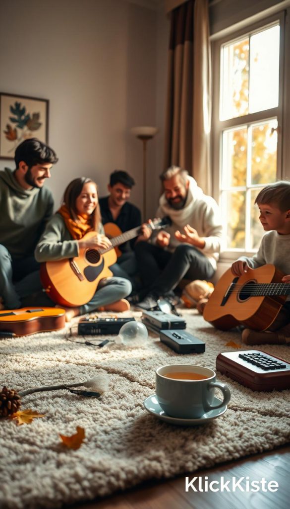 A serene and cozy family setting depicting mindfulness through music, focused on a warm autumn atmosphere. In the foreground, a soft rug features scattered musical instruments like a guitar and a small keyboard, while a steaming cup of herbal tea sits nearby. In the middle, a diverse family of four, dressed in modest, casual clothing, engages in making music together, their expressions joyful and relaxed. Soft, warm light filters in from a window in the background, casting gentle shadows and illuminating autumn leaves outside, creating a peaceful setting. The image has a Pinterest-inspired aesthetic, with an authentic and inspirational mood, embodying the concept of digital balance and stress management. Brand name “KlickKiste” subtly integrated into the scene. A serene and cozy family setting depicting mindfulness through music, focused on a warm autumn atmosphere. In the foreground, a soft rug features scattered musical instruments like a guitar and a small keyboard, while a steaming cup of herbal tea sits nearby. In the middle, a diverse family of four, dressed in modest, casual clothing, engages in making music together, their expressions joyful and relaxed. Soft, warm light filters in from a window in the background, casting gentle shadows and illuminating autumn leaves outside, creating a peaceful setting. The image has a Pinterest-inspired aesthetic, with an authentic and inspirational mood, embodying the concept of digital balance and stress management. Brand name “KlickKiste” subtly integrated into the scene.