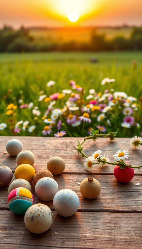 A serene and inspiring nature scene showcasing DIY crafts like seed bombs, flower crowns, and preserved dandelions. In the foreground, colorful seed bombs made from clay, compost, and wildflower seeds are scattered on a wooden surface, adorned with dew drops. In the middle, a blooming meadow filled with wildflowers and neatly arranged flower crowns, made from daisies and clovers, lies invitingly. The background features a soft-focus green landscape under a golden sunset, casting warm light across the scene, creating an inviting and uplifting atmosphere. Capture the essence of a cozy, rustic setting reminiscent of Pinterest aesthetics, with a focus on natural materials. Perfectly embody the theme of "KlickKiste" DIY inspiration, devoid of any text or distractions.