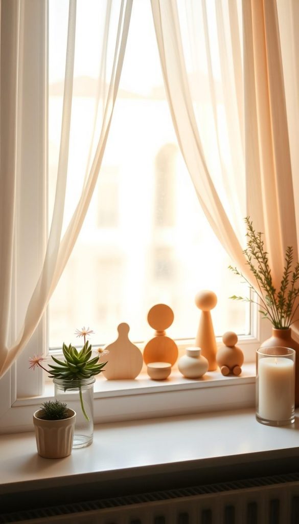 A serene and inspiring window sill scene, showcasing a beautifully arranged "fensterbank" decorated with a selection of natural elements and houseplants. The foreground features a small potted succulent and a delicate vase holding fresh flowers, emphasizing simplicity and elegance. In the middle ground, an assortment of DIY decor items, such as handcrafted wooden sculptures and a candle, are artfully placed to avoid clutter and maintain balance. The background reveals soft, flowing curtains gently diffusing warm sunlight, creating a cozy and inviting atmosphere. The overall color palette consists of warm earthy tones, reminiscent of a Pinterest aesthetic. This image reflects a harmonious, well-organized window display designed for the brand "KlickKiste," focusing on practical and inspirational decor without overwhelming the viewer. A serene and inspiring window sill scene, showcasing a beautifully arranged "fensterbank" decorated with a selection of natural elements and houseplants. The foreground features a small potted succulent and a delicate vase holding fresh flowers, emphasizing simplicity and elegance. In the middle ground, an assortment of DIY decor items, such as handcrafted wooden sculptures and a candle, are artfully placed to avoid clutter and maintain balance. The background reveals soft, flowing curtains gently diffusing warm sunlight, creating a cozy and inviting atmosphere. The overall color palette consists of warm earthy tones, reminiscent of a Pinterest aesthetic. This image reflects a harmonious, well-organized window display designed for the brand "KlickKiste," focusing on practical and inspirational decor without overwhelming the viewer.