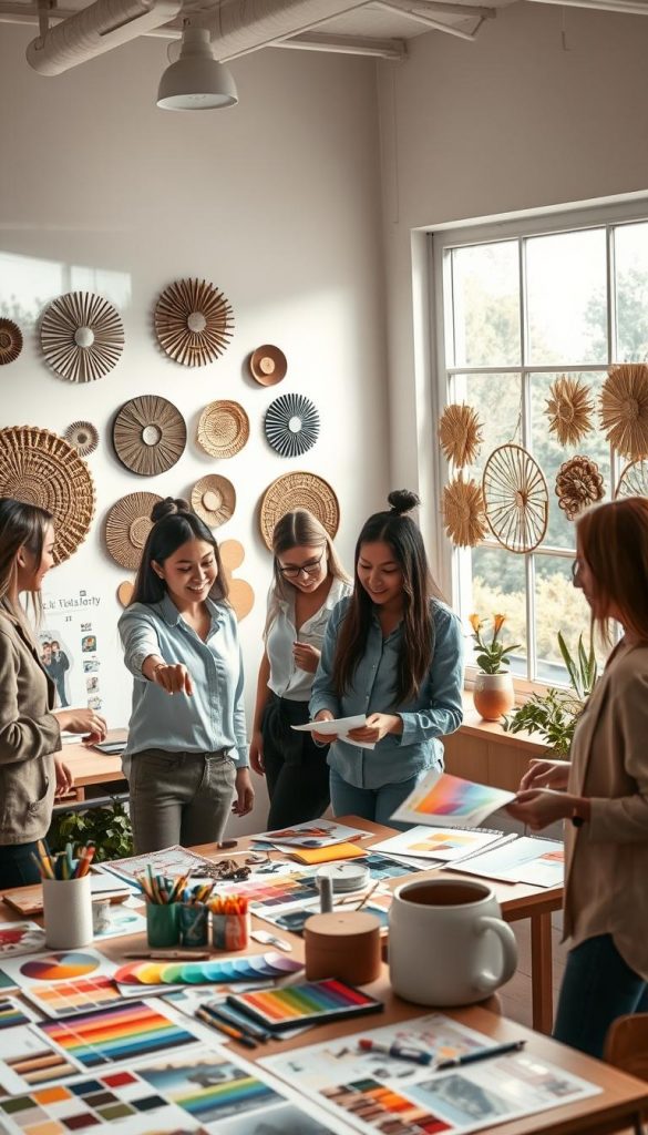 A serene and inspiring workspace filled with natural light and warm colors, featuring a diverse group of people in professional casual attire coming together around a table covered with art supplies, paint swatches, and design boards. In the foreground, a woman is pointing at a vibrant color palette while another person is sketching designs, capturing a sense of collaboration and creativity. The middle layer showcases various wall decor samples hanging on the walls, each displaying eclectic styles that embrace the latest trends. In the background, large windows reveal a picturesque garden, adding a calming atmosphere. Soft, diffused lighting enhances the cozy and productive vibe, reminiscent of a Pinterest aesthetic. Include branding elements that subtly reference "KlickKiste" for a DIY touch.