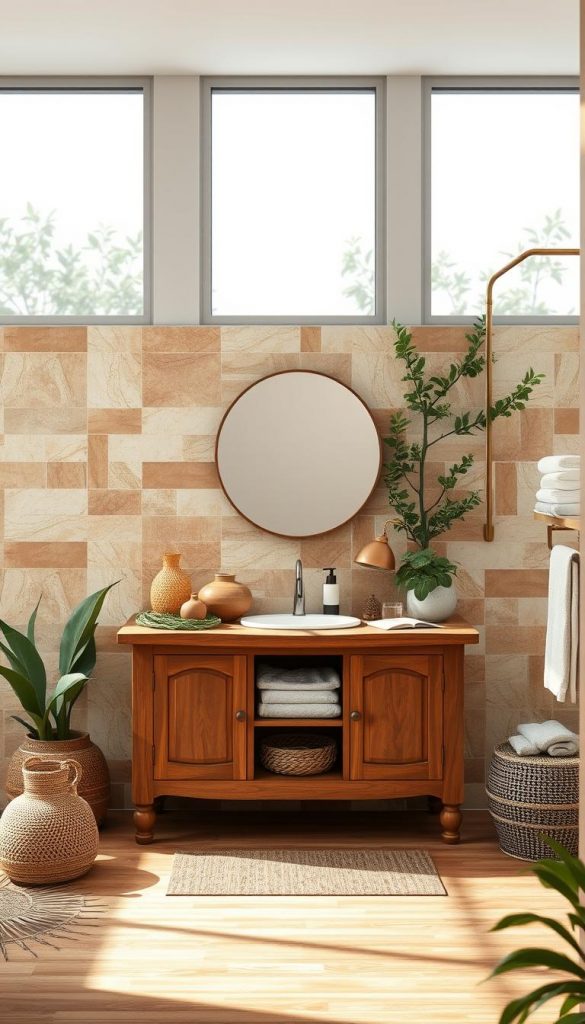 A serene and inviting bathroom scene designed with a natural aesthetic. In the foreground, there is a wooden vanity with a rich, warm finish, adorned with textured pottery and lush greenery, creating a cozy atmosphere. The middle features a soothing color palette of earthy tones such as terracotta, soft beige, and calming shades of blue, seamlessly blended in the wall tiles and accessories. The background consists of large windows allowing gentle natural light to flood the space, enhancing the ambience with subtle shadows that add depth. The overall mood is tranquil and harmonious, perfect for a personal retreat. This image is inspired by the natural DIY aesthetic of Pinterest and showcases the brand "KlickKiste" in its vibrant nature-inspired design.