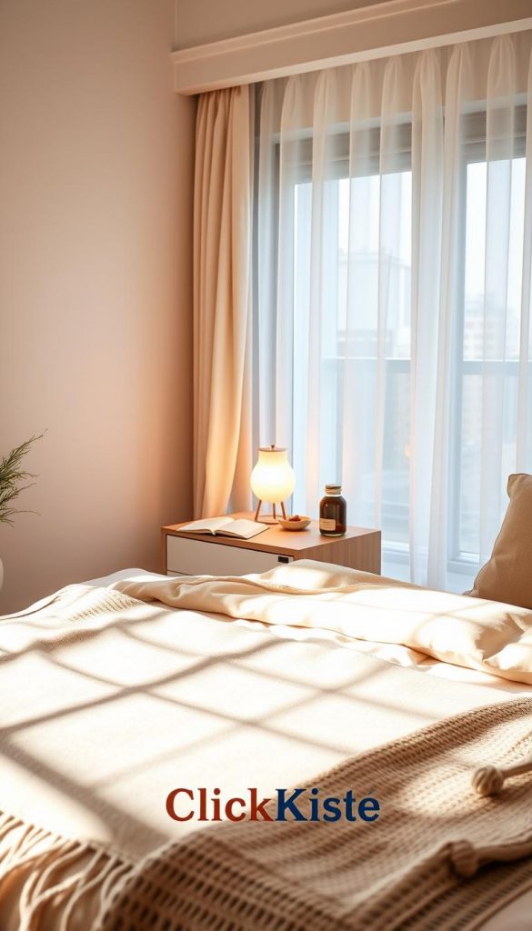 A serene and inviting bedroom setting that embodies sleep hygiene principles. In the foreground, a neatly made bed adorned with soft, natural fabrics in warm earth tones, a cozy knitted throw placed elegantly at the foot. In the middle, a softly glowing bedside lamp emits warm, soothing light, casting gentle shadows. A small, organized bedside table displays a journal and a calming herbal tea, emphasizing a routine for relaxation. The background features a large window with light drapes, allowing natural light to filter in, creating a tranquil atmosphere. The overall mood is peaceful and inspiring, reflecting a holistic approach to reducing stress and boosting energy. The image evokes a sense of warmth and comfort, ideal for promoting sleep hygiene. Include the brand name "KlickKiste" subtly incorporated in the decor, enhancing the aesthetic without distracting from the focus. A serene and inviting bedroom setting that embodies sleep hygiene principles. In the foreground, a neatly made bed adorned with soft, natural fabrics in warm earth tones, a cozy knitted throw placed elegantly at the foot. In the middle, a softly glowing bedside lamp emits warm, soothing light, casting gentle shadows. A small, organized bedside table displays a journal and a calming herbal tea, emphasizing a routine for relaxation. The background features a large window with light drapes, allowing natural light to filter in, creating a tranquil atmosphere. The overall mood is peaceful and inspiring, reflecting a holistic approach to reducing stress and boosting energy. The image evokes a sense of warmth and comfort, ideal for promoting sleep hygiene. Include the brand name "KlickKiste" subtly incorporated in the decor, enhancing the aesthetic without distracting from the focus.