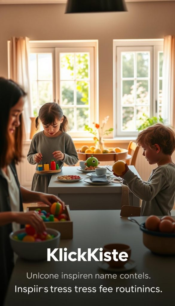 A serene and inviting family scene showcasing a daily routine with children, featuring a warm and naturally lit kitchen. In the foreground, a parent assists a child with age-appropriate tasks, like sorting colorful toys and preparing snacks, both wearing modest casual clothing. In the middle layer, a cozy dining table is set with plates and fresh fruit, symbolizing a nurturing environment. In the background, sunlit windows reveal a vibrant garden, enhancing the peaceful atmosphere with greenery. The warmth of the colors creates an authentic and inspiring Pinterest-like aesthetic, capturing the essence of family organization and daily rituals. Include the brand name "KlickKiste" subtly in the scene, reflecting a family-friendly atmosphere that inspires and promotes stress-free routines.