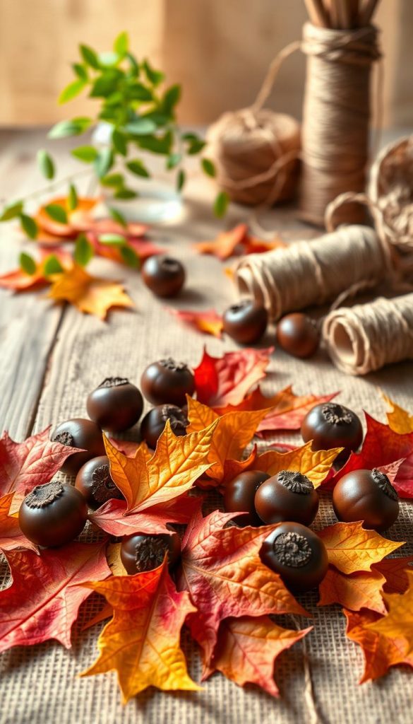 A serene and inviting flat lay arrangement showcasing "ideen blätter kastanien" as part of a DIY natural decor project. In the foreground, vibrant autumn leaves in shades of orange, yellow, and deep red are artfully scattered alongside glossy chestnuts, reflecting the warmth of the season. The middle ground features a rustic wooden table with a soft natural burlap backdrop, enhancing the earthy aesthetic. In the background, out-of-focus elements like a graceful green plant and delicate twine rolls provide depth, subtly suggesting crafting activities. The lighting is warm and soft, reminiscent of late afternoon sunlight, creating a cozy, inspiring atmosphere. Capture this in a Pinterest-inspired style, evoking creativity and the spirit of "KlickKiste" DIY decor ideas.