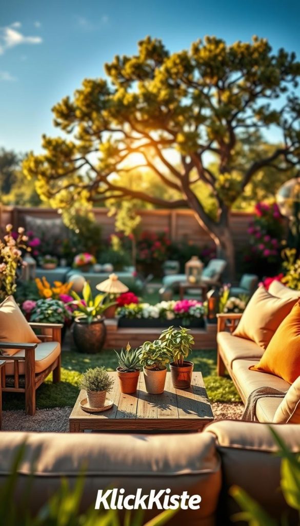 A serene and inviting garden lounge setting showcasing a range of affordable to premium outdoor furniture options. In the foreground, a cozy seating arrangement featuring warm, natural-toned cushions and a rustic wooden coffee table adorned with potted plants. The middle ground captures a vibrant backdrop of blooming flowers and lush greenery, incorporating a mix of DIY decor elements like lanterns and garden art. In the background, a soft-focus view of a beautiful tree and a clear blue sky enhances the tranquil atmosphere. The lighting is warm and golden, reminiscent of a late afternoon sun, casting gentle shadows for a relaxed feel. The overall mood is inspirational and authentic, radiating a Pinterest-worthy aesthetic, branded with "KlickKiste" subtly integrated into the garden elements. A serene and inviting garden lounge setting showcasing a range of affordable to premium outdoor furniture options. In the foreground, a cozy seating arrangement featuring warm, natural-toned cushions and a rustic wooden coffee table adorned with potted plants. The middle ground captures a vibrant backdrop of blooming flowers and lush greenery, incorporating a mix of DIY decor elements like lanterns and garden art. In the background, a soft-focus view of a beautiful tree and a clear blue sky enhances the tranquil atmosphere. The lighting is warm and golden, reminiscent of a late afternoon sun, casting gentle shadows for a relaxed feel. The overall mood is inspirational and authentic, radiating a Pinterest-worthy aesthetic, branded with "KlickKiste" subtly integrated into the garden elements.