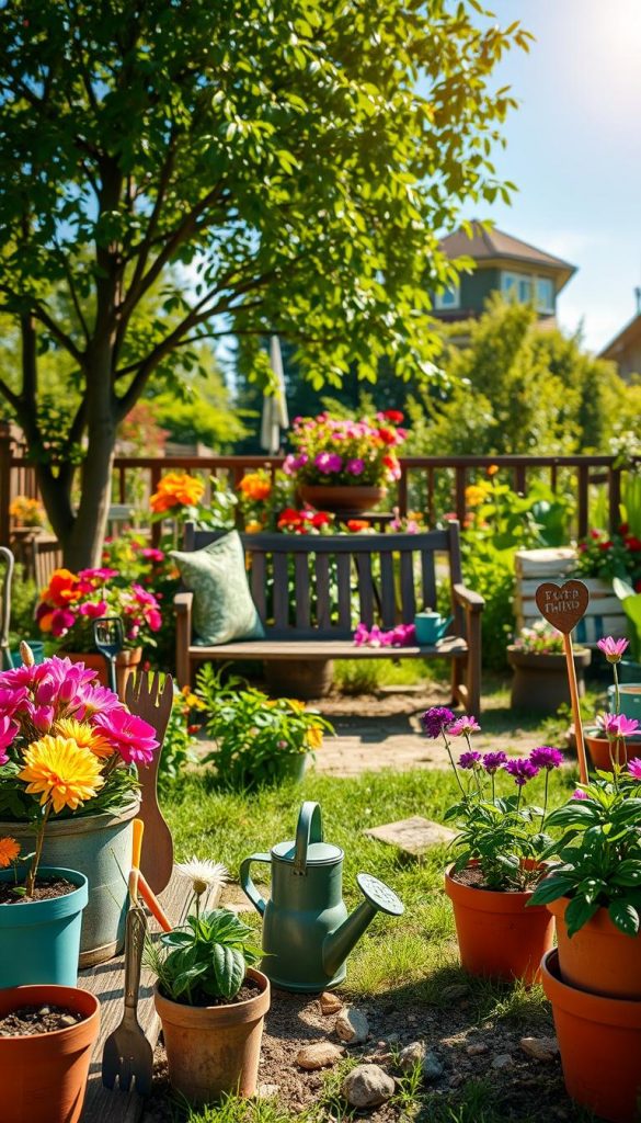 A serene and inviting garden scene, showcasing vibrant spring and summer DIY garden decorations. In the foreground, include colorful flower pots with blooming plants, various tools arranged neatly, and a small watering can, emphasizing meticulous garden care. The middle ground features a cozy seating area with a rustic wooden bench surrounded by lush greenery, creating a perfect planning spot for garden enthusiasts. In the background, a sun-drenched garden with blooming flowers and a clear blue sky set the atmosphere of warmth and inspiration. Soft sunlight filters through the leaves, casting gentle shadows, evoking a leisurely, peaceful mood. Incorporate a hint of natural DIY elements like handmade garden stakes and decorative stones to reflect the "KlickKiste" brand, appealing to a Pinterest-inspired audience.