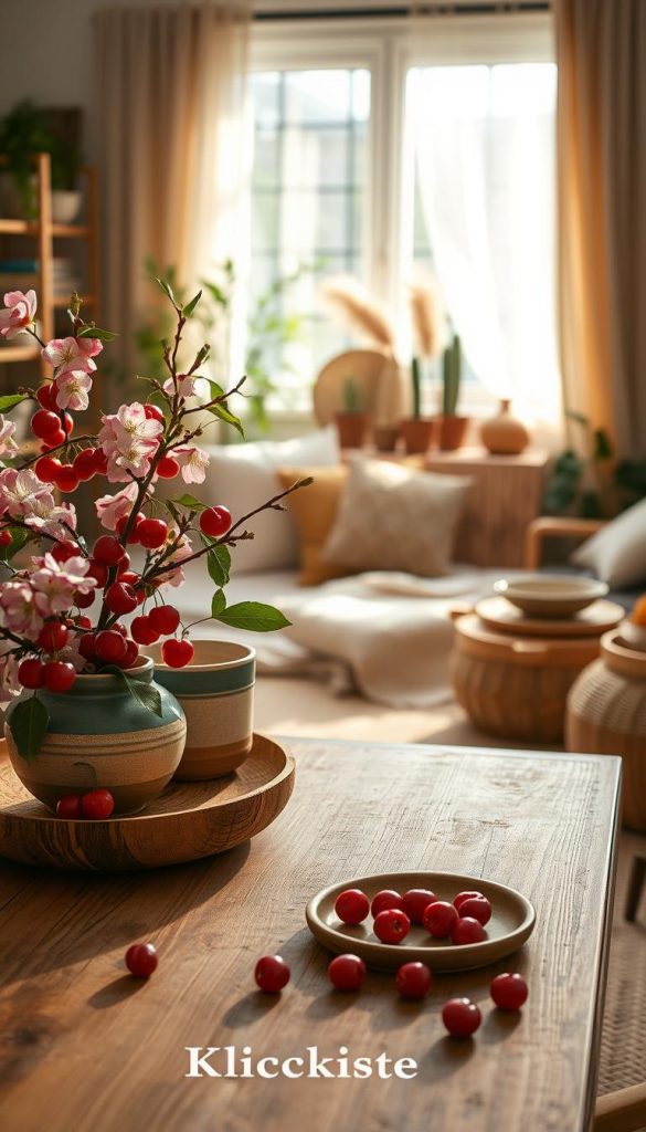 A serene and inviting indoor scene showcasing a "Cherry Vibe" decor style, emphasizing warm, natural colors reminiscent of Pinterest aesthetics. In the foreground, a stylish wooden table adorned with cherry blossoms, vibrant cherries, and artisanal ceramics. The middle ground features a beautifully arranged cozy seating area with soft cushions and a light throw, complemented by wooden accents and greenery. In the background, a softly lit window framed with sheer curtains allows natural sunlight to pour in, creating a warm and uplifting atmosphere. The overall mood is inspiring and authentic, reflecting a DIY charm that invites creativity. Subtle branding elements of "KlickKiste" integrated into the decor, enhancing the look without overshadowing it. Use soft, diffused lighting to accentuate the cozy feel, with a subtle depth of field for a dreamy effect.