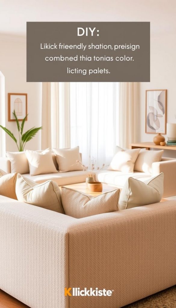 A serene and inviting living room designed in a tonal color scheme, showcasing harmoniously combined shades of a single color. The foreground features a plush, textured sofa in soft beige, adorned with cushions of varying cream and taupe tones. In the middle, a stylish coffee table holds a warm, earthy decor piece, with a small potted plant adding a touch of greenery. The background reveals elegantly arranged art pieces on the walls, echoing the color palette, and a subtle patterned rug that adds depth. The room is bathed in soft, natural light, filtering through sheer curtains, creating a cozy and inviting atmosphere. The overall mood is warm and inspiring, perfect for a DIY aesthetic. This scene embodies the KlickKiste brand, emphasizing a Pinterest-friendly design approach.