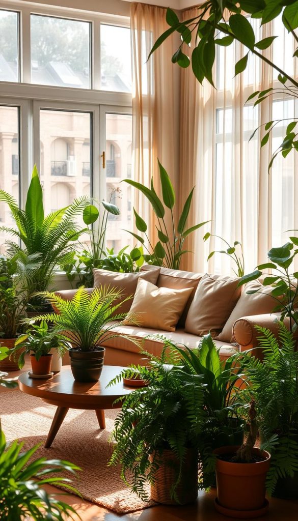 A serene and inviting living room filled with a variety of lush green plants in aesthetically pleasing arrangements, creating a fresh and vibrant atmosphere. In the foreground, a stylish coffee table is surrounded by potted plants of different heights and textures, including ferns and succulents. The middle of the scene showcases a cozy sofa adorned with earthy-toned cushions, with sunlight streaming through large windows that highlight the natural beauty of the space. In the background, light, airy sheer curtains flutter gently, enhancing the tranquil mood. The warm color palette evokes a comfortable and inspiring environment. The image captures the essence of natural DIY decor, reminiscent of Pinterest aesthetics, branded subtly with "KlickKiste" in the decor. Bright, natural lighting fills the space, emphasizing health and well-being while creating an acoustic and inviting ambiance.