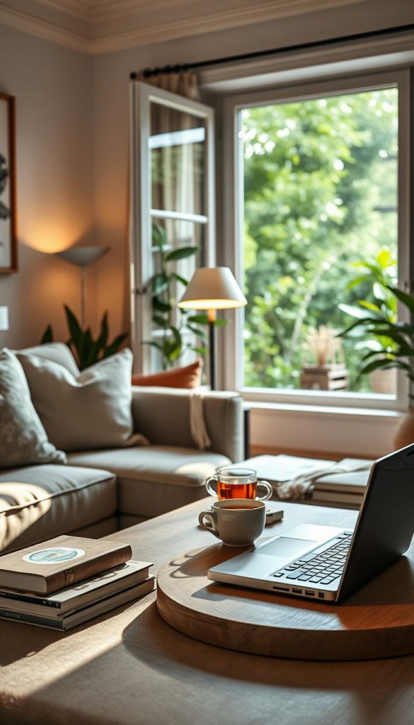 A serene and inviting living room that embodies the concept of digital balance at home. In the foreground, a cozy sofa adorned with soft cushions, and a coffee table featuring a few artful books and a steaming cup of herbal tea. In the middle, a gentle glow from a stylish lamp creates a warm ambiance, while a laptop is closed and placed thoughtfully away, signifying a break from screens. In the background, a window reveals a lush green garden, enhancing the feeling of tranquility and connection with nature. Natural light filters in, casting soft shadows across the room. The overall mood is calm and inspiring, reflecting mindfulness and security. The scene is styled with a Pinterest aesthetic, emphasizing authentic home design. Incorporate elements suggesting "KlickKiste" subtly within the decor.