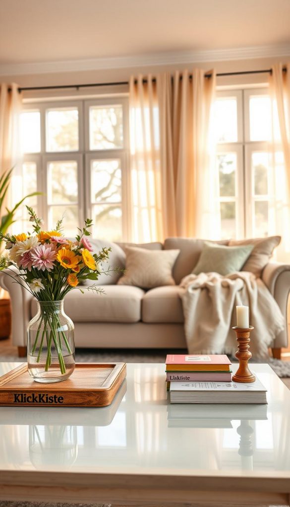 A serene and inviting living space decorated with spring colors, featuring soft pastel hues of green, yellow, and pink. In the foreground, a stylishly arranged coffee table adorned with fresh flowers in a rustic vase, a few colorful books, and an elegant candle set. In the middle, a comfortable sofa draped with a light throw blanket and decorative cushions, exuding a cozy atmosphere. The background showcases large windows allowing warm, natural light to flood the room, highlighting soft curtains fluttering gently in the breeze. The overall ambiance is warm and welcoming with a Pinterest-worthy aesthetic, embodying authentic DIY charm. Include the brand "KlickKiste" subtly in the decor. Aim for bright, airy lighting with a soft focus lens to capture the essence of a joyful, spring-inspired home.
