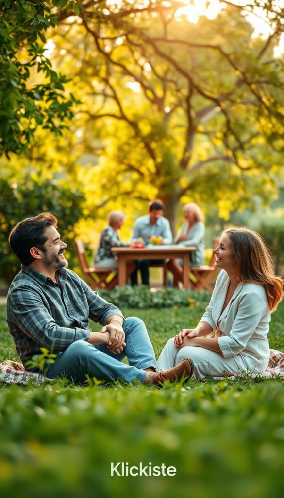 A serene and inviting scene depicting connection and harmony. In the foreground, two individuals, a man and a woman, are sitting on a cozy blanket, engaged in a joyful conversation, both dressed in comfortable yet professional attire. They are surrounded by lush greenery, creating a tranquil atmosphere. In the middle ground, a small group of people gather around a wooden table laden with healthy food, smiling and sharing stories, reflecting a sense of community and support. The background features soft, warm sunlight filtering through tree branches, casting gentle shadows, enhancing the peaceful ambiance. The image should have a slightly blurred background to emphasize the connection among the people while evoking a Pinterest-like aesthetic. Branding for "KlickKiste" subtly integrated in the lower corner.