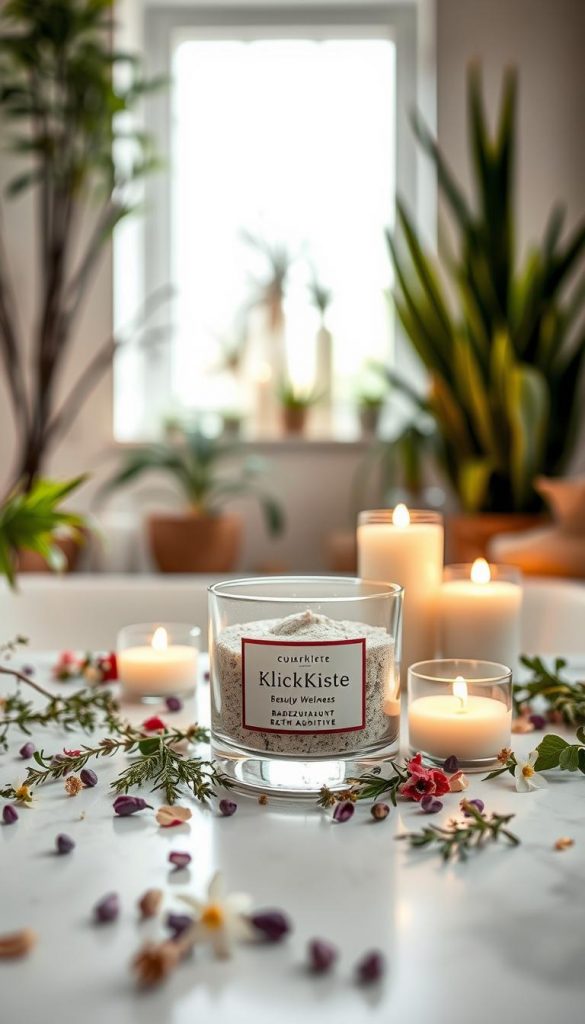 A serene and inviting scene showcasing a "KlickKiste" Beauty Wellness Badezusatz, presented in an elegant glass container surrounded by a minimalist, natural setting. In the foreground, place the luxurious bath additive, with delicate herbs and flowers artfully scattered around it, emphasizing a natural aesthetic. In the middle ground, softly lit candles create a warm ambiance, enhancing the cozy, wellness-focused atmosphere. The background features a subtle blur of a serene bathroom, adorned with green plants that evoke a calming vibe. Natural sunlight filters in, casting gentle shadows and creating an inviting glow. Aim for a Pinterest-inspired look with earthy tones and an authentic, inspiring feel that highlights a modern, zero-waste lifestyle. Ensure the composition feels balanced and harmonious without clutter.