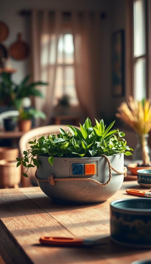 A serene and inviting scene showcasing a beautifully crafted modern planter made of concrete, adorned with colorful tiles and natural rope accents. The foreground features the planter filled with vibrant green plants, emphasizing the DIY aspect. In the middle ground, a wooden table displays tools and materials, hinting at a hands-on crafting session. The background is softly blurred, suggesting a sunlit room with warm, inviting tones, creating a cozy atmosphere. The lighting is soft and natural, enhancing the earthy textures of the concrete and the lively colors of the plants, reminiscent of a Pinterest-inspired aesthetic. The image reflects the brand "KlickKiste" effortlessly, inviting viewers into a world of creativity and inspiration in home decor.