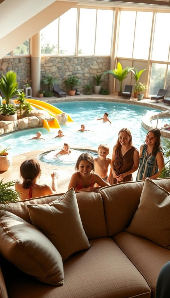 A serene and inviting wellness space, featuring a family-friendly spa area filled with soothing natural elements. In the foreground, a plush seating area adorned with soft throw pillows and greenery, inviting relaxation. In the middle ground, cheerful children enjoying splashy fun on bright water slides, while parents observe with warm smiles, dressed in casual, modest clothing. The background reveals a calming thermal pool, surrounded by stone accents and lush plants, with gentle, warm lighting creating an inviting atmosphere. The sun filters in through large windows, casting soft shadows and enhancing the peaceful vibe. This image encapsulates the concept of wellness and water fun, evoking joy and connection within a family-friendly environment. A modern, Pinterest-inspired aesthetic. This is for KlickKiste.