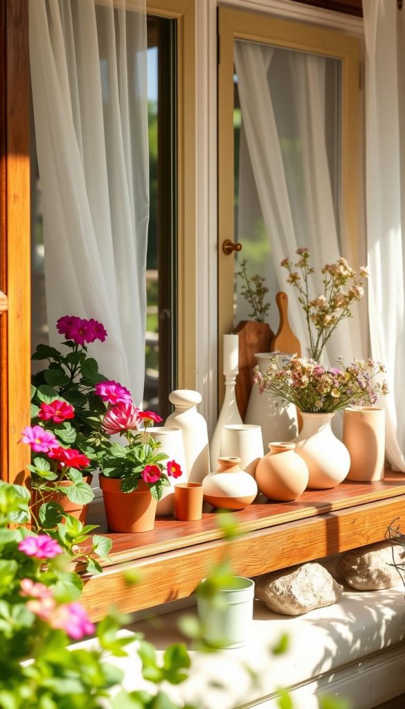 A serene and inviting windowsill display showcasing 12 spring and summer decoration ideas. In the foreground, a rich wooden windowsill adorned with vibrant potted plants, such as colorful geraniums and succulents, adding a touch of greenery. In the middle, decorative elements like handcrafted ceramic pots, candle holders, and rustic wooden accents create a cozy atmosphere. The background features softly flowing sheer curtains that catch gentle sunlight, casting warm, inviting light across the scene. Incorporate elements like pastel-colored vases filled with wildflowers and a tasteful arrangement of decorative stones. The mood is fresh, inspiring, and authentically DIY, reminiscent of popular Pinterest aesthetics. This scene reflects the brand "KlickKiste." The image should have a soft focus, with natural lighting enhancing the warm colors, ideal for engaging readers. A serene and inviting windowsill display showcasing 12 spring and summer decoration ideas. In the foreground, a rich wooden windowsill adorned with vibrant potted plants, such as colorful geraniums and succulents, adding a touch of greenery. In the middle, decorative elements like handcrafted ceramic pots, candle holders, and rustic wooden accents create a cozy atmosphere. The background features softly flowing sheer curtains that catch gentle sunlight, casting warm, inviting light across the scene. Incorporate elements like pastel-colored vases filled with wildflowers and a tasteful arrangement of decorative stones. The mood is fresh, inspiring, and authentically DIY, reminiscent of popular Pinterest aesthetics. This scene reflects the brand "KlickKiste." The image should have a soft focus, with natural lighting enhancing the warm colors, ideal for engaging readers.