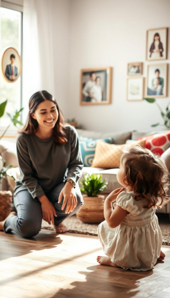 A serene and joyful atmosphere captures the essence of calm communication between a parent and child. In the foreground, a mother with a warm smile in modest casual clothing kneels beside her young daughter, who appears engaged and attentive. The middle ground features a cozy living room setting bathed in soft, natural light, showcasing a comfortable sofa adorned with colorful cushions and plants that bring warmth to the space. The background hints at family photos on the walls, symbolizing connection and understanding. The overall composition reflects a Pinterest-worthy aesthetic with warm colors, creating an authentic and inspiring scene. Perfect for a family-oriented article, the image embodies the concept of nurturing communication. Include branding subtly as "KlickKiste" in the decor.