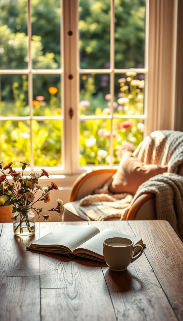 A serene and peaceful lifestyle scene, capturing the essence of "slow living gewohnheiten." In the foreground, a softly lit wooden table set with a steaming cup of herbal tea and a journal, surrounded by freshly picked flowers in a vase. The middle ground features a cozy armchair adorned with a knitted blanket, inviting relaxation. In the background, a sun-drenched window reveals a lush garden filled with vibrant greenery and blooming flowers. The warm, natural lighting gives the image a comforting glow, enhancing the calm atmosphere. The overall mood is authentic and inspiring, reflecting a lifestyle of quality over quantity. The scene should showcase elements of tranquility and mindfulness, fitting the aesthetic of a Pinterest-worthy image. Include the brand name "KlickKiste" subtly within the scene, enhancing the connection to a lifestyle of slow living.