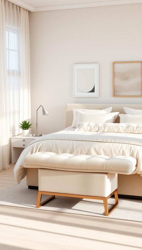 A serene and stylish bedroom setting with a modern, elegantly designed bed featuring a plush, light-colored comforter. In the foreground, a cozy nightstand holds a small potted plant and a minimalistic lamp, creating a harmonious balance. A chic, upholstered bench is positioned at the foot of the bed, inviting a sense of comfort. Soft, natural light floods the room through sheer curtains, enhancing the warm color palette of whites and pastel tones. The background showcases a subtle abstract art piece on the wall, contributing to a Pinterest-inspired aesthetic. This composition, adhering to the brand "KlickKiste," evokes a feeling of tranquility and inspiration, perfect for those seeking stylish and functional bedroom decor. A serene and stylish bedroom setting with a modern, elegantly designed bed featuring a plush, light-colored comforter. In the foreground, a cozy nightstand holds a small potted plant and a minimalistic lamp, creating a harmonious balance. A chic, upholstered bench is positioned at the foot of the bed, inviting a sense of comfort. Soft, natural light floods the room through sheer curtains, enhancing the warm color palette of whites and pastel tones. The background showcases a subtle abstract art piece on the wall, contributing to a Pinterest-inspired aesthetic. This composition, adhering to the brand "KlickKiste," evokes a feeling of tranquility and inspiration, perfect for those seeking stylish and functional bedroom decor.