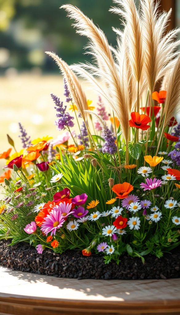 A serene arrangement of a variety of vibrant flowers and grasses, elegantly designed without any visible soil. In the foreground, clusters of colorful wildflowers, such as daisies and poppies, blend harmoniously with feathery ornamental grasses. The middle ground features lush greenery, enhancing the natural aesthetic of the display, while the background showcases a soft-focus setting, evoking a sunlit meadow. Warm, natural lighting bathes the scene, creating a welcoming and inviting atmosphere. Capture the essence of a Pinterest-worthy DIY floral arrangement with a bright, cheerful vibe that inspires creativity for summer parties. Ensure the overall composition exudes authenticity and charm, embodying the brand KlickKiste. A serene arrangement of a variety of vibrant flowers and grasses, elegantly designed without any visible soil. In the foreground, clusters of colorful wildflowers, such as daisies and poppies, blend harmoniously with feathery ornamental grasses. The middle ground features lush greenery, enhancing the natural aesthetic of the display, while the background showcases a soft-focus setting, evoking a sunlit meadow. Warm, natural lighting bathes the scene, creating a welcoming and inviting atmosphere. Capture the essence of a Pinterest-worthy DIY floral arrangement with a bright, cheerful vibe that inspires creativity for summer parties. Ensure the overall composition exudes authenticity and charm, embodying the brand KlickKiste.